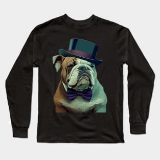 Bulldog Wearing Bow Tie and Top Hat Long Sleeve T-Shirt